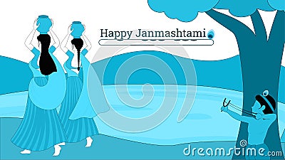 Bal Krishna with Gulel and Gopi with matki flat vector illustration, Happy Janmashtami vector illustration Vector Illustration