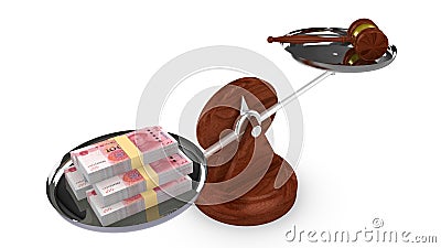 Balance with Chinese RMB on one side and a gavel on the other Cartoon Illustration