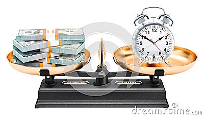 Balance concept, alarm clock and dollar packs. 3D rendering Stock Photo