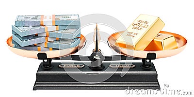 Balance concept, gold bars and dollar packs. 3D rendering Stock Photo