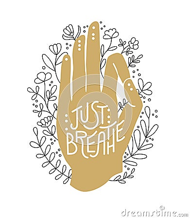 Just breathe. Golden hand in Gyan Mudra position. Vector Illustration