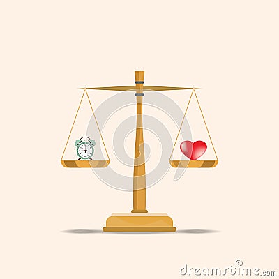 Balance heart and clock on scales. Vector Illustration
