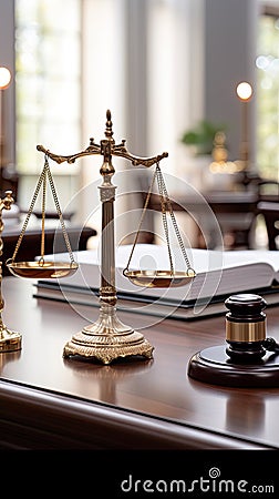 balance of justice, symbolized by the iconic gavel and scales of justice, represents the core of the legal concept. Stock Photo