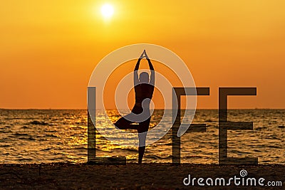 Balance meditation yoga spirit life mind woman peace vitality, silhouette outdoors on the sunset, relax vital abstract. Standing a Stock Photo