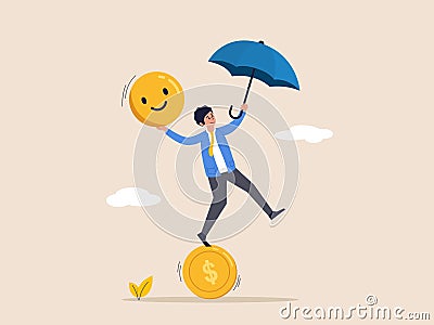 Balance between money and happiness, wealth and health, businessman holding umbrella balancing himself on stack of smile Vector Illustration