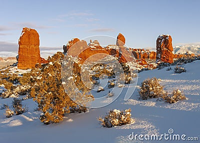 Balance Rock Area in Winter, Arches National Park Stock Photo