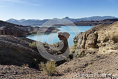 Balance Rock On The Shore Of Lake Havasu Stock Photo