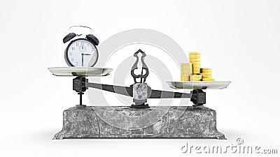 Balance Scale with Clock and Gold Coins, money is worth more than time concept 3D Render, 3D Illustration Stock Photo