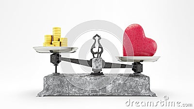 Balance Scale with Heart and Gold Coins, Love is worth more than Money concept 3D Render, 3D Illustration Stock Photo