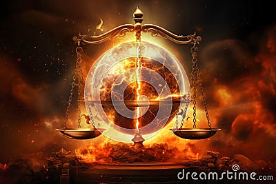 A balance scale is shown against a fiery backdrop, symbolizing the zodiac sign Libras sense of justice and balance Stock Photo