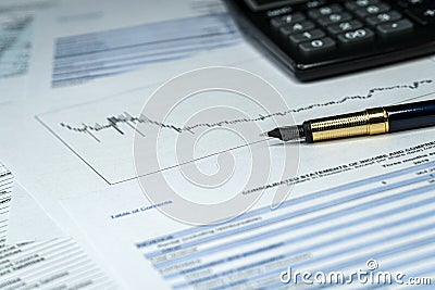 Balance sheet ,pencil, calculator on accountant`s desk. Accounting , accounts concept Stock Photo