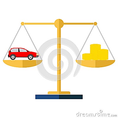 Balance the weights of money in exchange for a car Cartoon Illustration