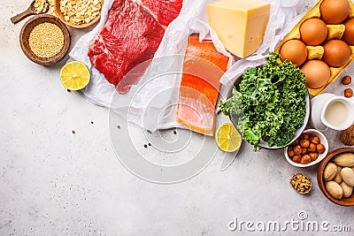 Balanced diet food background. Protein foods: fish, meat, eggs Stock Photo