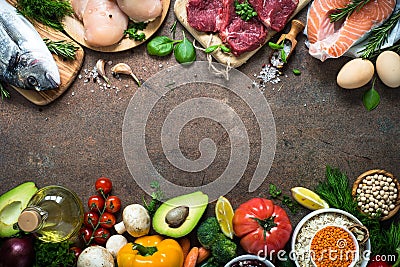 Balanced diet. Organic food for healthy nutrition. Stock Photo