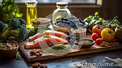Balanced nutrition concept for clean eating flexitarian mediterranean diet, keto, ketogenic on a wooden kitchen table Stock Photo