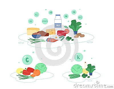 Balanced rich in vitamins food - milk, vegetables and fish, flat vector illustration isolated on white. Vector Illustration