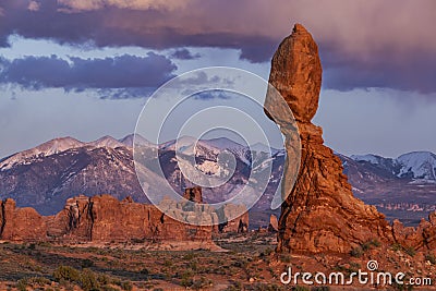 Balanced Rock Purple Mountain Sunset Stock Photo
