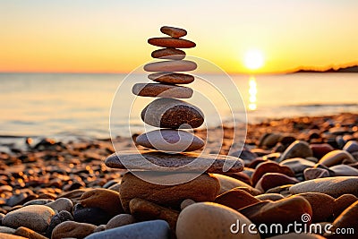 Balanced rock pyramid on sea pebbles beach, sunny day. Generative AI Stock Photo