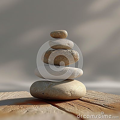 Balanced rocks form an artful stack atop a wooden table Stock Photo