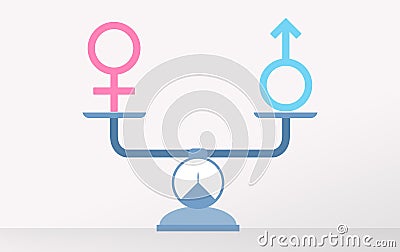 Balanced scales with male and female gender symbols Stock Photo