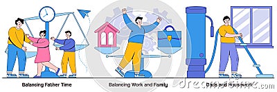 Balancing Father Time, Work and Family, Dads Housework with People Characters Illustrations Pack Vector Illustration