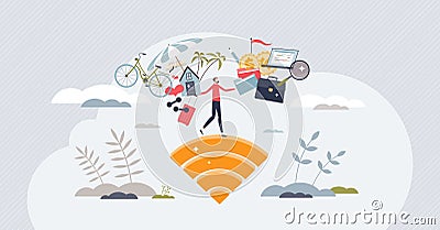 Balancing life and work online and distant job from home tiny person concept Vector Illustration