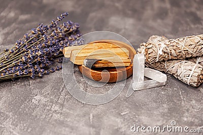 Balancing the soul.Cleansing kit, selenite stick. Magic crystals Stock Photo