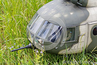 Balashikha, Moscow region, Russia - May 25, 2019: Pilots cabin of big scale RC model of russian multipurpose helicopter Mi-8 Editorial Stock Photo