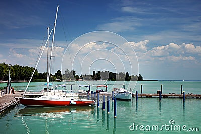 Balatonfured, June 02 2018 - Small ships on the Balaton Lake. Balatonfured marina Editorial Stock Photo