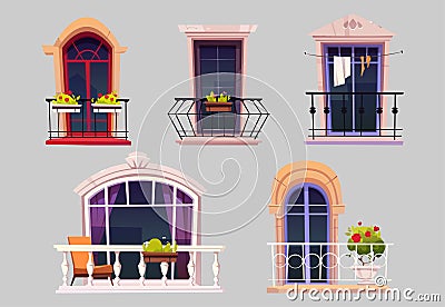 Balconies with glass windows, fence and flowers Vector Illustration