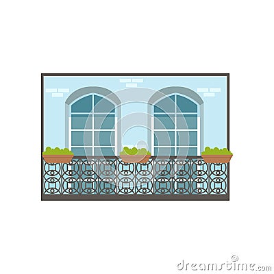 Balcony of European house with wrought iron railing and plants vector Illustration Vector Illustration