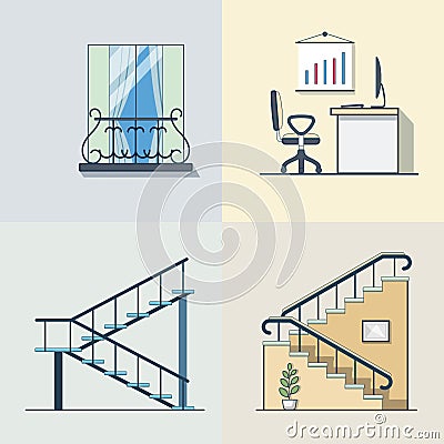 Balcony office workplace ladder linear outline arc Vector Illustration