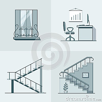 Balcony office workplace ladder linear outline arc Vector Illustration