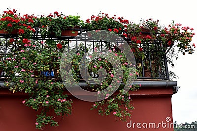 Balcony overflowing with flowers Stock Photo