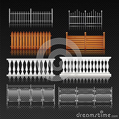Balcony rail. Glass or wooden stairs handrails. Iron fence with banister and baluster. Door metal or stainless safety Vector Illustration