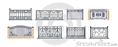 Balcony railing and gates, fence outdoor exterior entrance. Vintage modern home balconied facade, terrace fences Vector Illustration