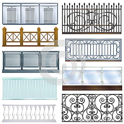 Balcony railing vector vintage metal steel fence balconied decoration architecture design illustration set of classical Vector Illustration