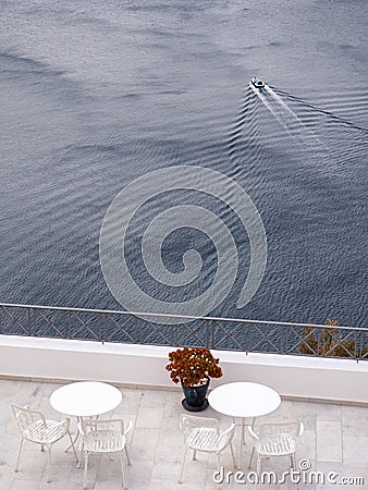 Balcony with tables and beautiful sea view Stock Photo