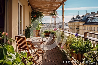 Balcony terrace furniture with nature plants decoration. Generate ai Stock Photo
