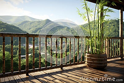Balcony view of the bamboo forest, blurred mountains in the background. Generative AI Cartoon Illustration
