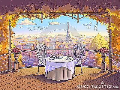 Balcony with a view of Paris. Romantic breakfast for a couple of lovers. Autumn morning, coffee with croissants, pigeons in the sk Cartoon Illustration