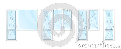 Balcony Windows with white frames and blue glass set isolated Cartoon Illustration
