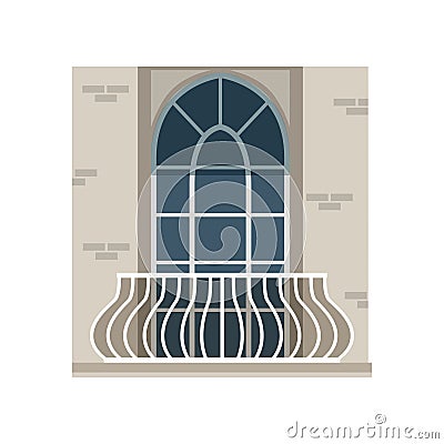 Balcony with wrought iron railing and arched window vector Illustration on a white background Vector Illustration