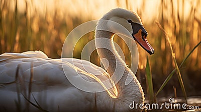 Timeless Beauty: A White Swan In Golden Hour Stock Photo