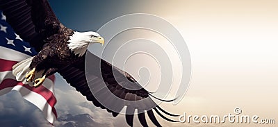 Bald Eagle with American USA flag flying in sunny clear sky. generative ai. Stock Photo