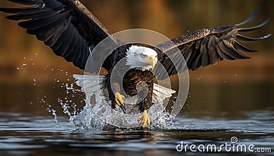 Bald eagle catching fish in mid air, spreading majestic wings generated by AI Stock Photo