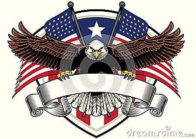 Bald eagle design holding the blank ribbon with USA flags Vector Illustration