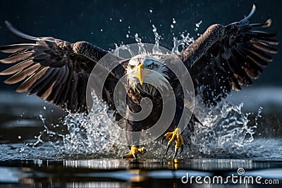 Bald eagle flying over the surface of the water with wings spread. Amazing American Wildlife. Generative Ai Stock Photo