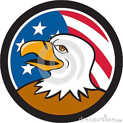 Bald Eagle Head Smiling USA Flag Circle Cartoon Vector Illustration