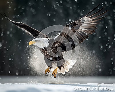 Bald eagle landing on snow. Amazing Wildlife. Generative Ai Stock Photo